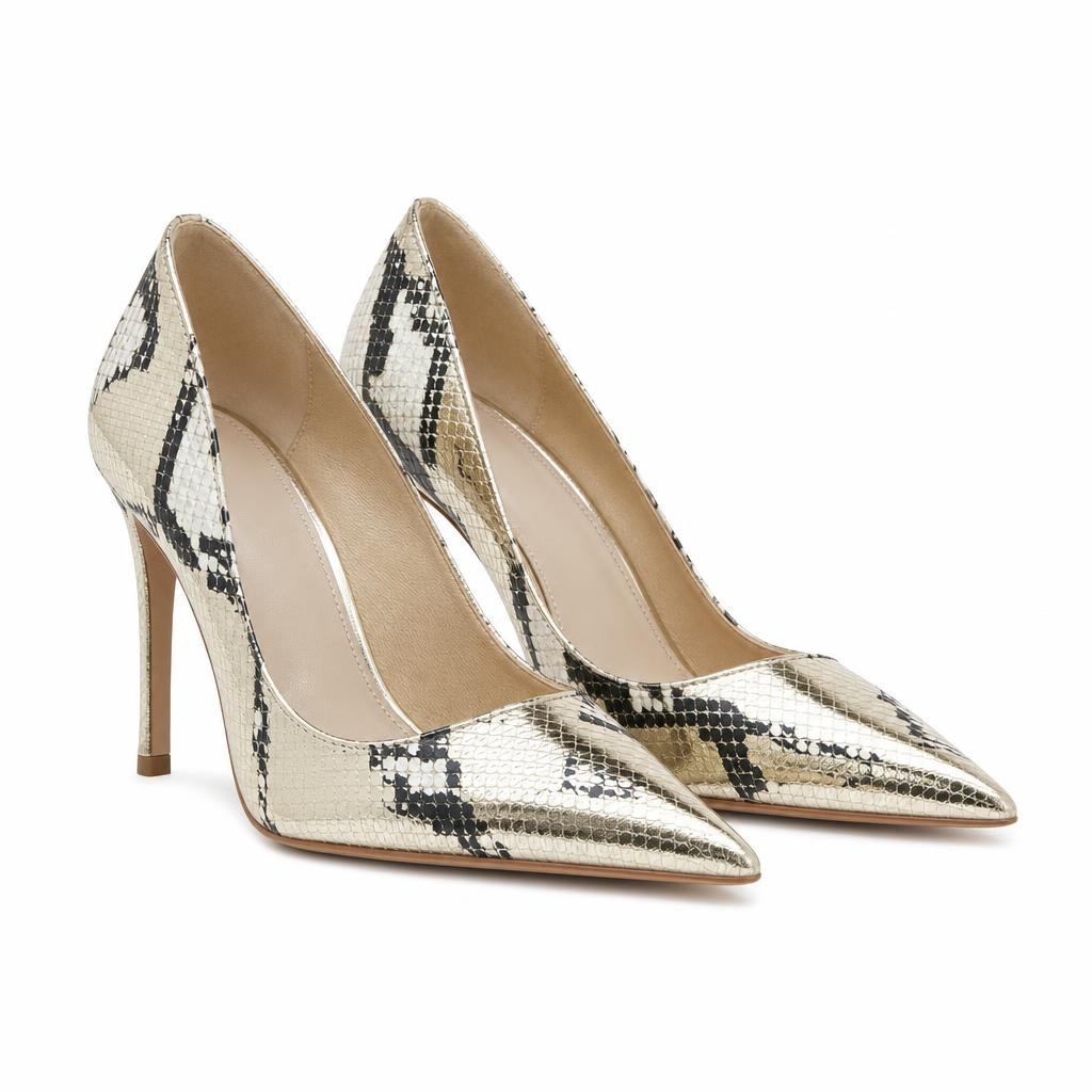 Patterned pointed toe pumps